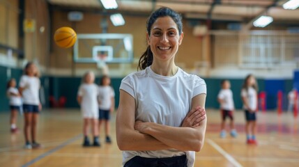 Female Coach in Gymnasium with Young Athletes - Generative AI