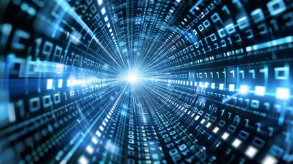 High-speed digital data transmission tunnel with binary code and bright blue light effects