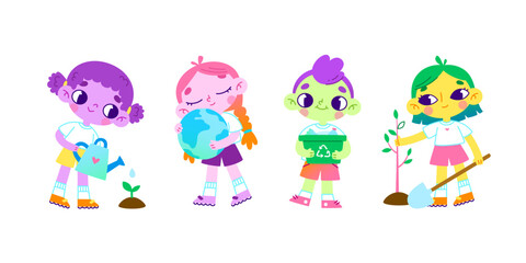 Cartoon eco volunteers children set. Vector colorful environmental care collection with cute kids.