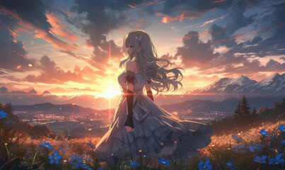 Beautiful anime woman cinematic scenery