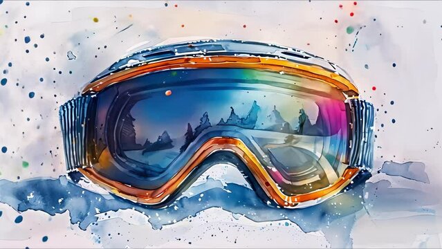 Watercolor painting of ski goggles on snowy background against white backdrop. Concept Watercolor Painting, Ski Goggles, Snowy Background, White Backdrop,