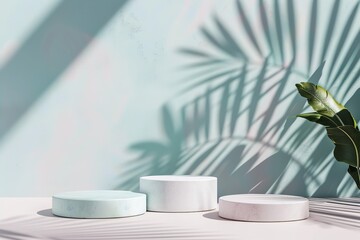 product display podium with shadow leaves on pastel background