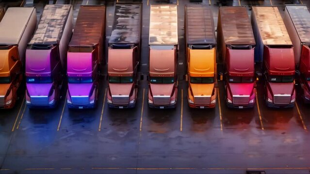 Truck fleet parked at delivery companys lot part of logistics industry. Concept Logistics, Truck Fleet, Delivery Company, Parking Lot, Transportation Industry
