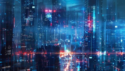 A futuristic digital cityscape with blue and red lights
