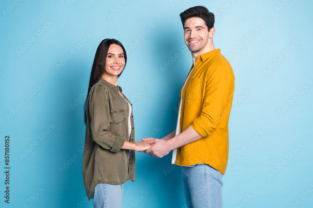 Sticker profile portrait of two young people hold arms wear shirt isolated on blue color background