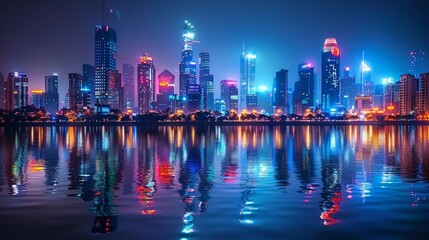 Vibrant Nighttime Cityscape with Skyscraper Reflections in the Calm River for Urban Artwork or Print