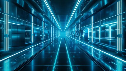 A futuristic digital corridor with vertical light streaks in blue