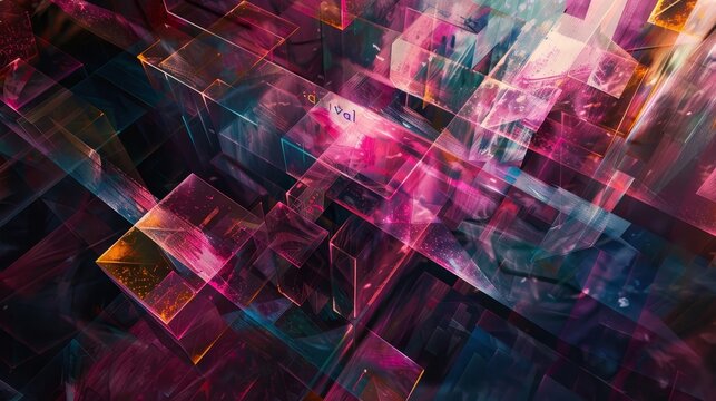 Geometric prism shapes in jewel tones carnival subtly in luminous letters background