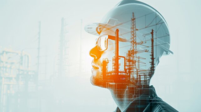 Petrochemical and Electrical Engineer at Work: Double Exposure of Refineries and Power Stations Emphasizing Energy Engineering Projects