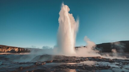 A geyser erupting, sending a column of steam and water high into the air, against a clear blue sky.