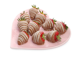 Heart shaped plate with delicious chocolate covered strawberries isolated on white