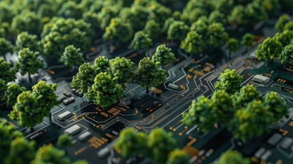 futuristic circuit board with lush green trees growing sustainable technology concept digital art