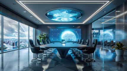 futuristic conference room interior with sleek furniture and interactive wall display 3d render
