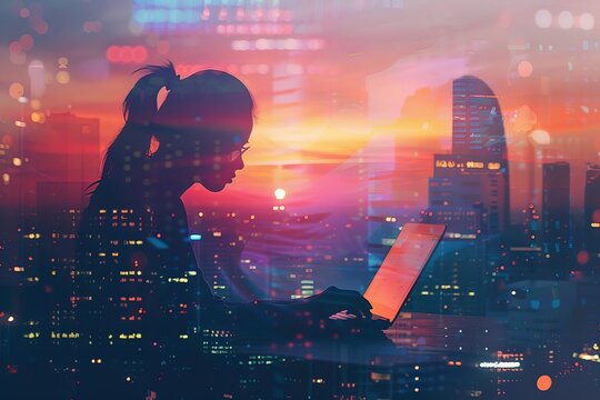 A girl participating in a hackathon to create a new tech solution, double exposure with the sightly skyscraper, sunset colors