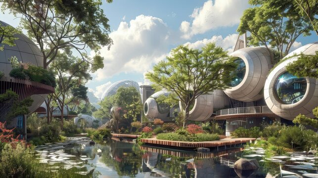 futuristic ecodigital urban park harmonious coexistence of technology and nature concept illustration