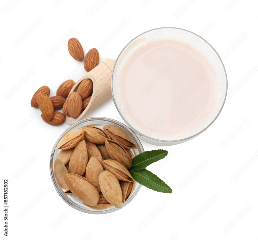 Canvas Prints glass of almond milk and almonds isolated on white, top view - Canvas Prints