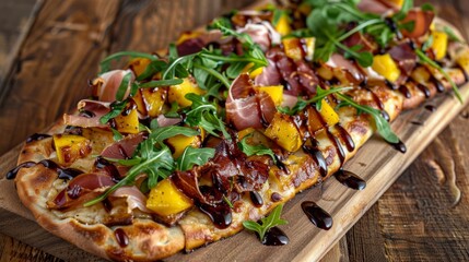 Gourmet Mango and Prosciutto Flatbread with Arugula and Balsamic Glaze - Perfect for Summer Gatherings