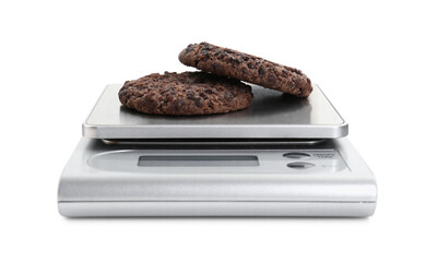 Kitchen scale with chocolate cookies isolated on white