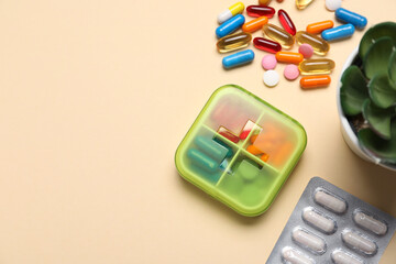 Different pills, organizer and succulent on beige background, flat lay. Space for text