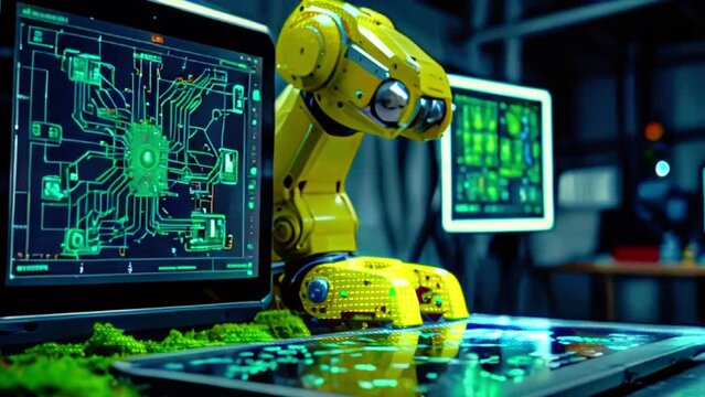 A yellow robotic arm is sitting on a table next to two computer monitors.
