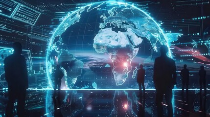 futuristic global hologram with business people and digital transformation scifi cyberpunk technology background