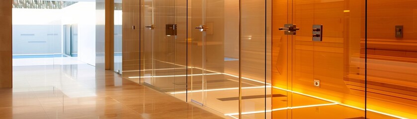 individual showers with full doors in a gym Style  luxurious, actual Medium  photography Colors  sandy browns, orange, wood, cream, beige