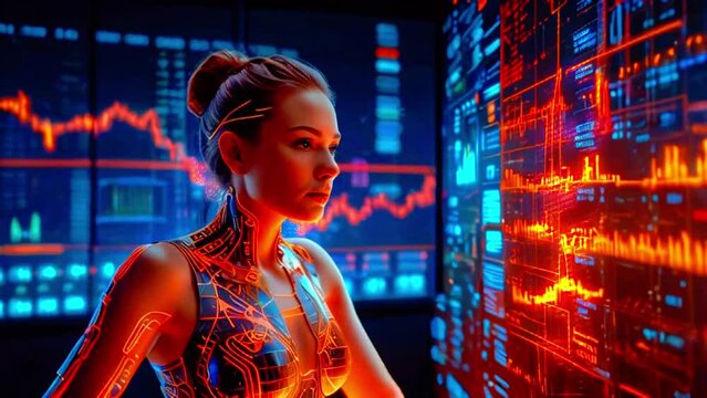 A young woman wearing a futuristic outfit is standing in front of a large digital display.