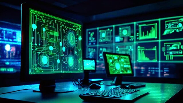 A dark room with multiple computer screens displaying green and black code and graphs.