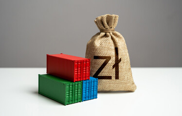 Stack of shipping containers and polish zloty money bag. Import or export. Production of containers. Tariffs and tax collections. GDP and production. Trade, economics and transport industry.