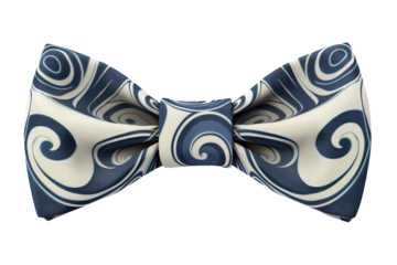 A blue and white striped bow tie with a swirl pattern. The bow tie is made of a shiny material and is tied in a neat manner