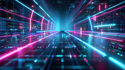 futuristic neon grid lines glowing in perspective on dark cyberpunk background abstract 3d render