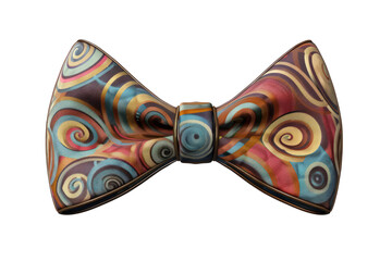 A colorful bow tie with swirls and patterns. The bow tie is made of leather and has a gold buckle