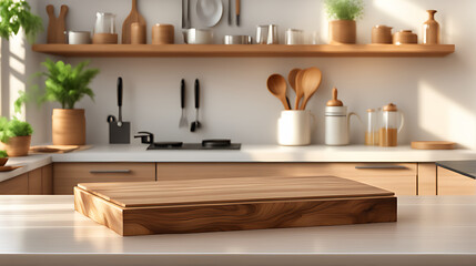  Kitchen podium background food product stand table pedestal display wooden platform. Empty podium counter wood background kitchen board desk restaurant top white light marble presentation interior. 