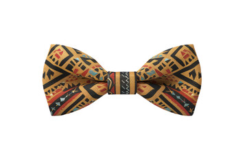 A brown and black striped bow tie with a red stripe. The bow tie is patterned and has a unique design