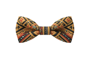 A brown and black striped bow tie with a red stripe. The bow tie is patterned and has a unique design