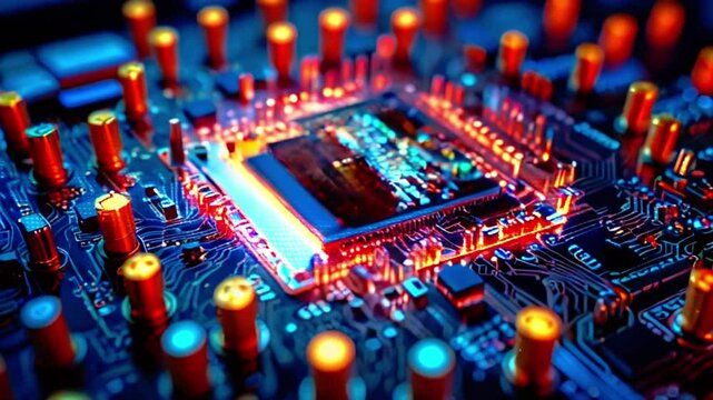 The video is of a computer processor with red and blue lights on the surface.