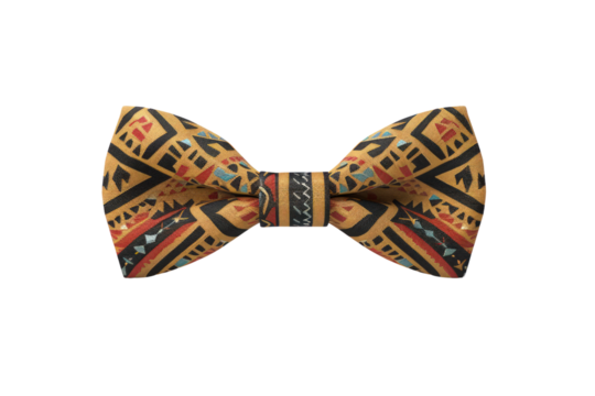 A brown and black striped bow tie with a red stripe. The bow tie is patterned and has a unique design