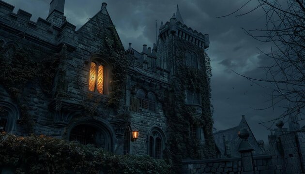 A haunted castle with ivycovered walls and a single light glowing in a window, standing stark against the night sky.