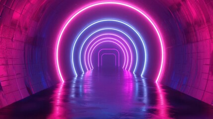 futuristic neon tunnel with glowing lines and abstract shapes 3d background