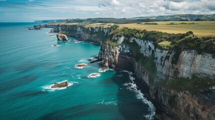 A headland, with steep cliffs and a rocky shoreline, under a clear blue sky.