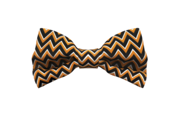 A zigzag patterned tie with black and orange stripes. The tie is made of a shiny material and has a bold design
