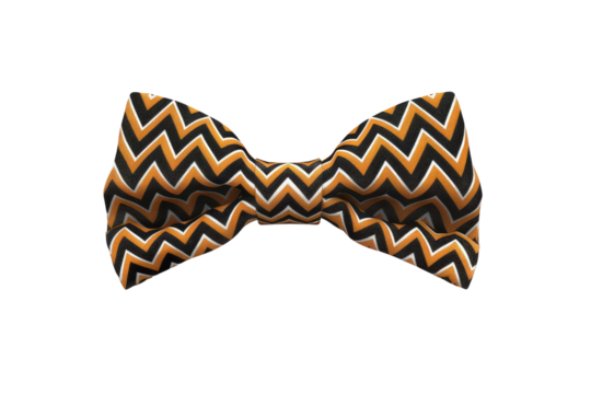 A zigzag patterned tie with black and orange stripes. The tie is made of a shiny material and has a bold design