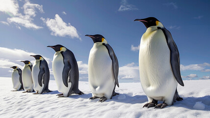 Obraz premium A group of emperor penguins on the snow with a blue sky background