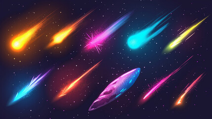 Asset of meteors and comet with deference colors, Illustration