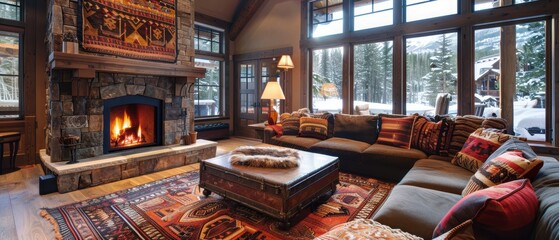 A cozy living room with a fireplace and comfortable furniture
