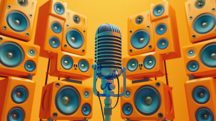 A microphone standing against a backdrop of large yellow speakers.
