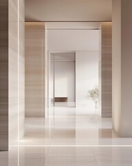 Modern minimalist hallway interior with marble walls and floors.