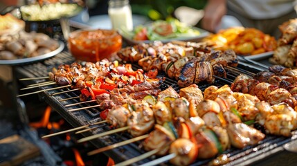 Festive Family Barbecue with Grilled Chicken Skewers and Delicious Summer Feast