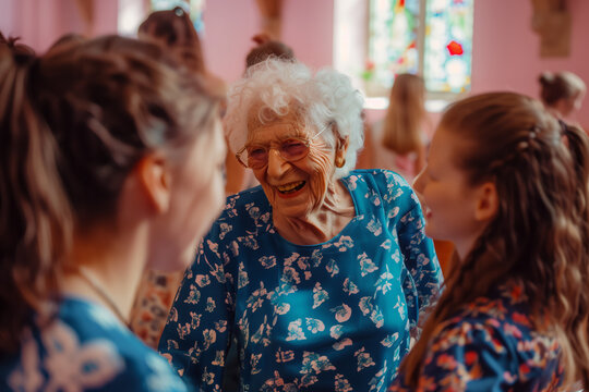 elderly woman, surrounded by younger people, shares a story. enthusiastic expression, animated gestures, warm and engaging atmosphere,  value of intergenerational interaction