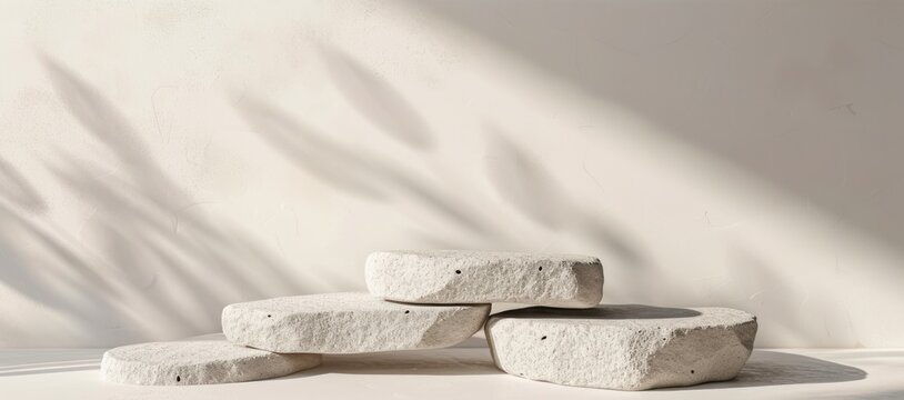Rock podium stage platform white wall Blank product  Minimal scene mockup with abstract stone